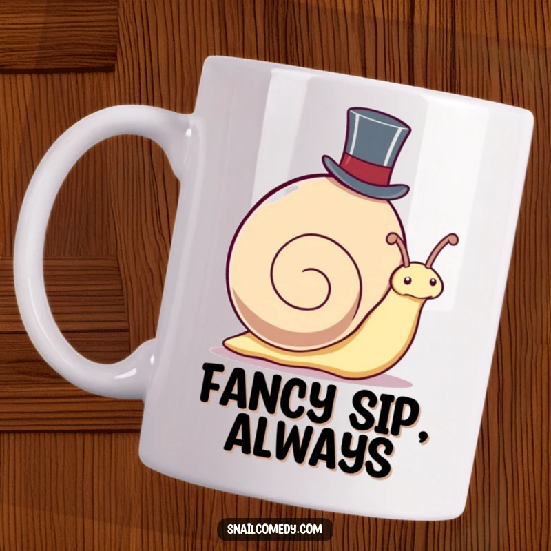 Funny Mug: Kawaii snail wearing a top hat, peeking out with a smile, embodying dapper charm and gentle humor.
