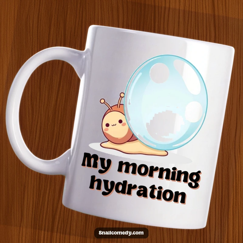 Funny Kawaii Snail Mug, curious snail looking with wonder at a giant dewdrop, adorable and whimsical art for snail lovers.