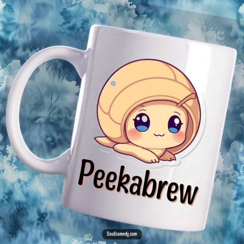Funny Kawaii Snail Mug, playfully peeking from its shell with wide, curious eyes, bringing inquisitive humor and charm.