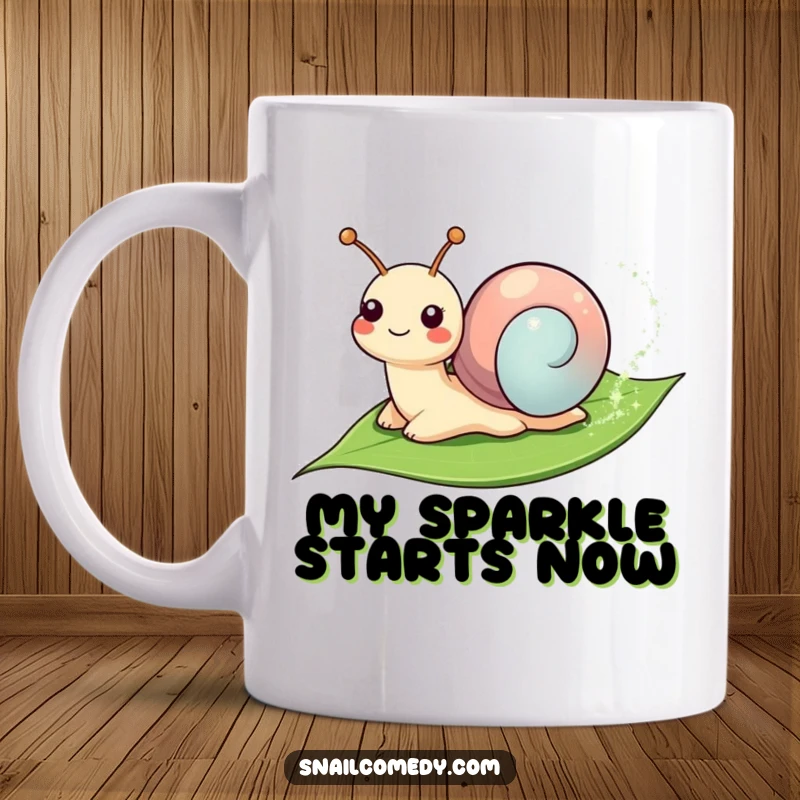 Funny Mug: A smiling snail leaving a sparkly trail on a leaf, symbolizing joy, magic, and a slow, happy journey.