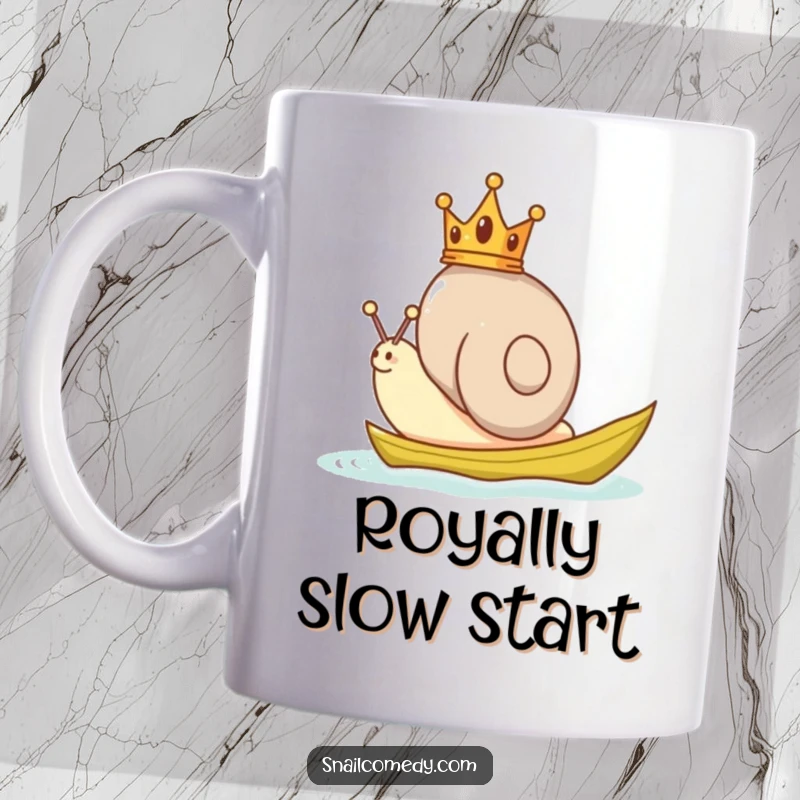 Funny Snail Mug featuring a playful snail wearing a tiny golden crown, sailing merrily on a green leaf boat.