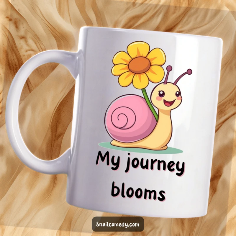 Funny mug featuring a snail character joyfully carrying a vibrant, large flower atop its shell.