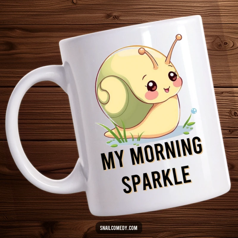 Funny mug with a happy snail character reaching for glistening morning dew drops, symbolizing a peaceful and optimistic start.