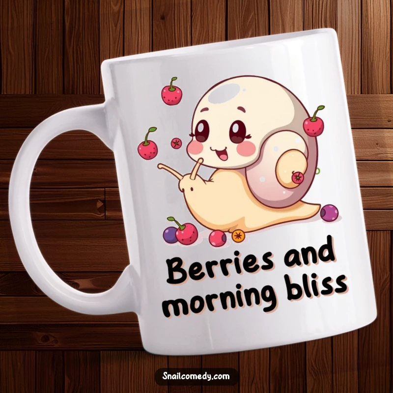 Funny snail mug featuring a snail enthusiastically juggling small, colorful berries using its eye stalks, showcasing impressive dexterity.