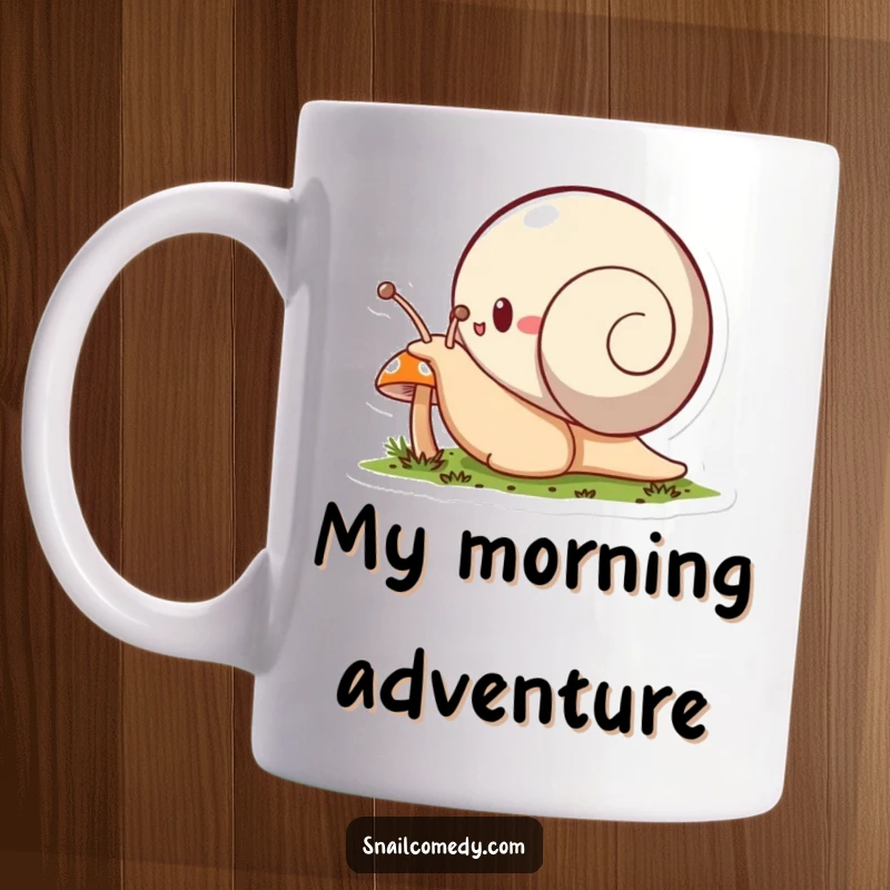 Funny snail mug, a snail character enthusiastically explores a tiny mushroom with wide-eyed wonder.