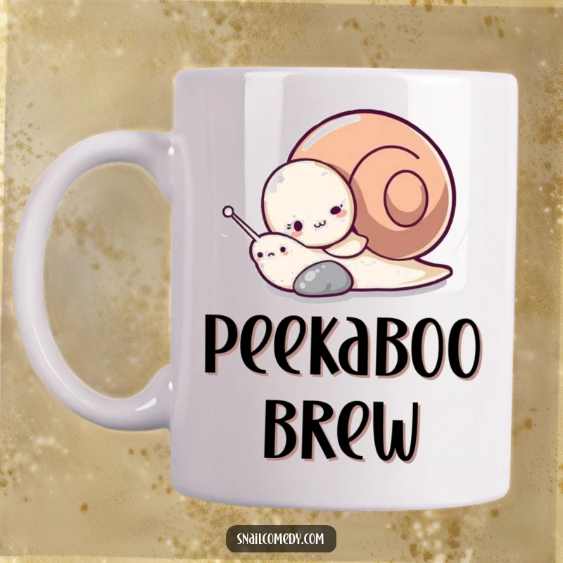 Funny mug with a cute snail character peeking playfully from behind a small pebble, embodying a mischievous and shy personality.