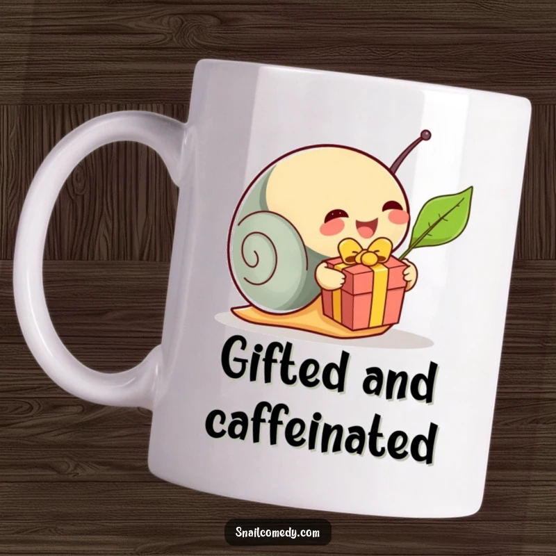 Funny snail character excitedly unwrapping a small leaf present, showing pure delight, perfect for a humorous mug, a great funny gift.