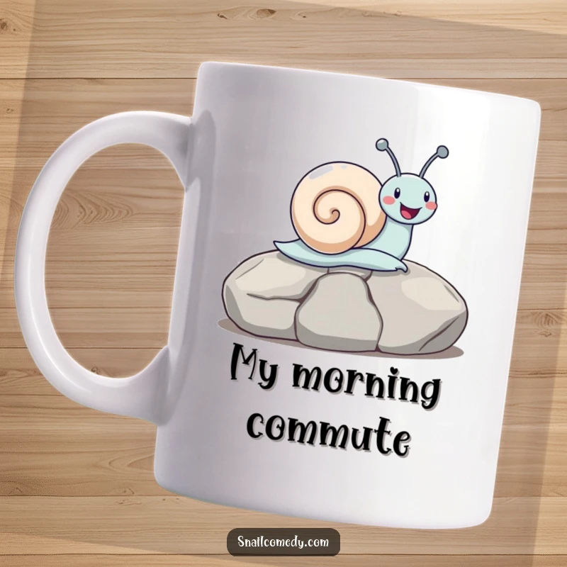 Funny snail character gleefully sliding down a smooth stone, showing pure delight, perfect for a humorous mug, a great funny gift.
