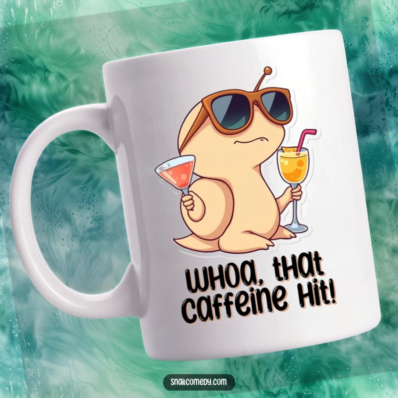 Funny Snail Mug featuring a surprised snail wearing enormous sunglasses and holding a brightly colored cocktail.