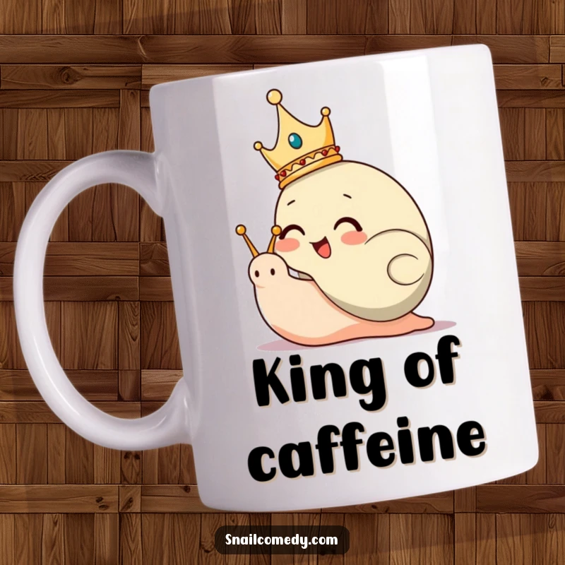 Funny Mug featuring a giggling snail character wearing a small golden crown, looking regal and amused.