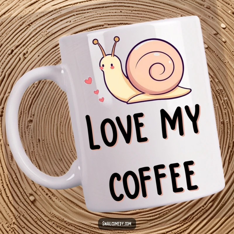Funny Kawaii snail mug featuring a cute snail playfully leaving a trail of little red hearts as it moves along.