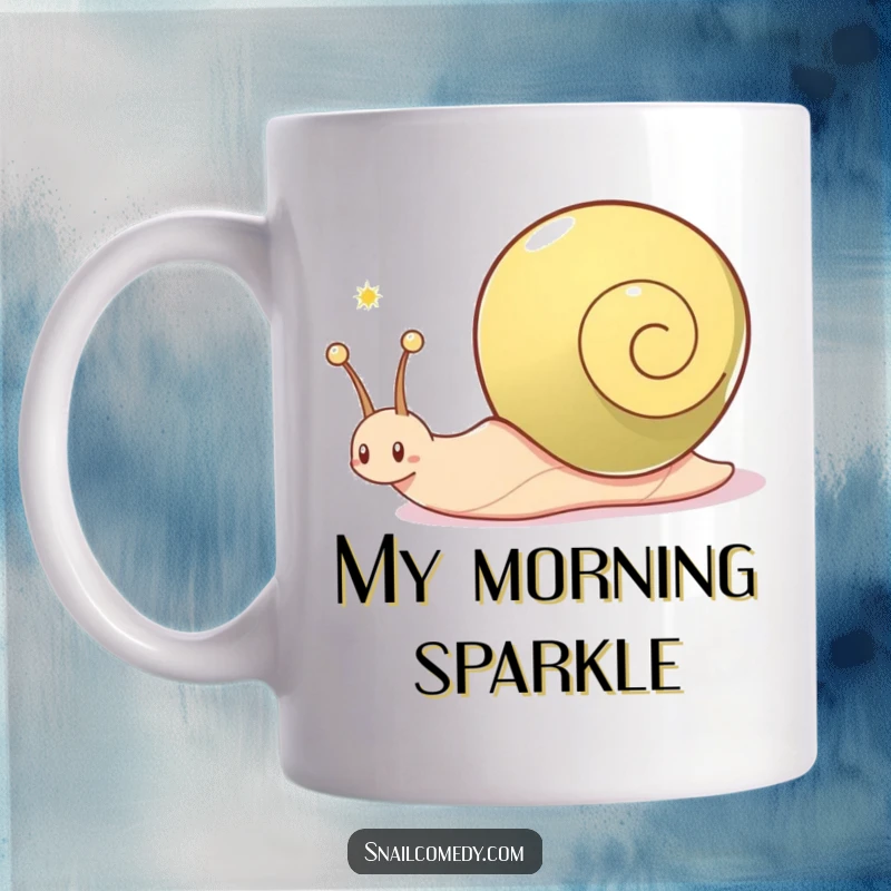 Funny snail mug, a snail character joyfully leaves a shimmering, sparkling trail behind it, looking delighted.
