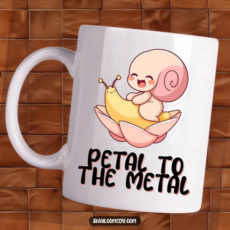 Funny mug featuring a snail giggling gleefully while gracefully riding on a delicate floating petal. Pure joy.