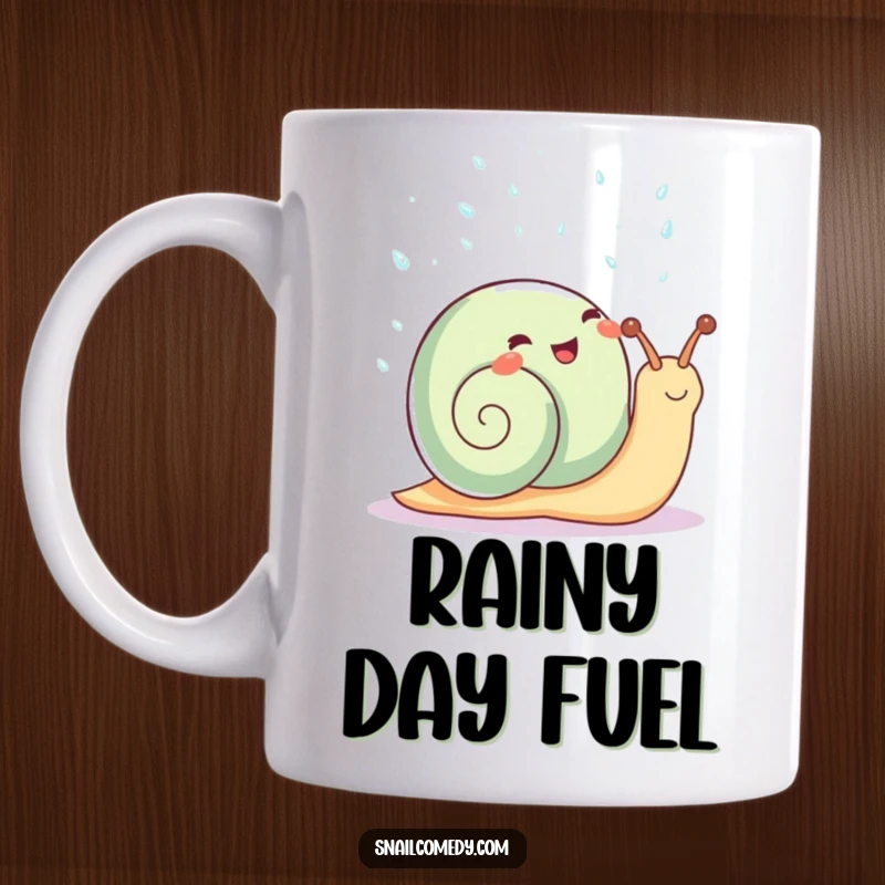Funny Kawaii Snail Mug: Cute snail joyfully showering itself with sparkling raindrops, ideal funny gift.