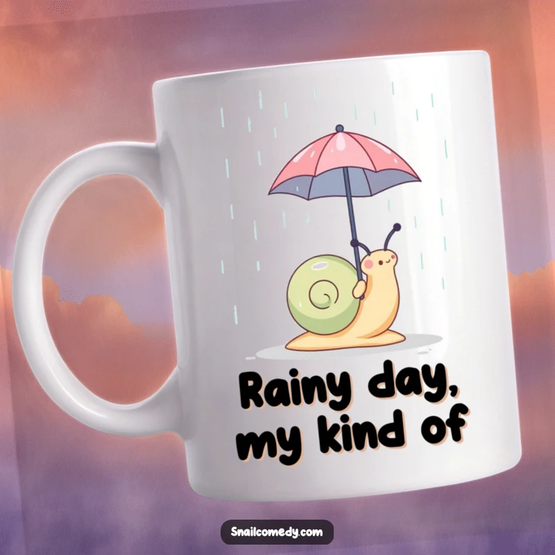 Funny snail with a miniature umbrella braving the rain, looking cute and determined, perfect for a humorous mug gift.