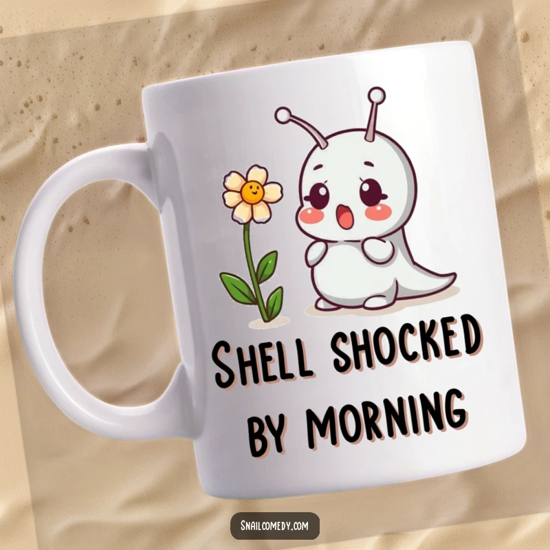 Funny snail character with wide eyes surprised by a cheerful, giggling flower, perfect for a garden enthusiast gift mug.