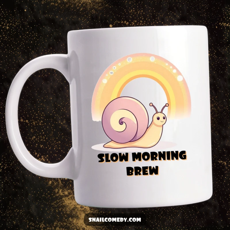 Funny happy snail character slowly admiring an oversized, shimmering rainbow with wonder, cute and uplifting mug.