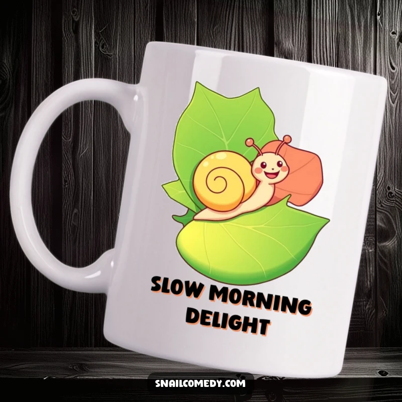 Funny Mug: A happy snail joyfully rides on a large, colorful leaf, embodying a sense of carefree adventure and delight.