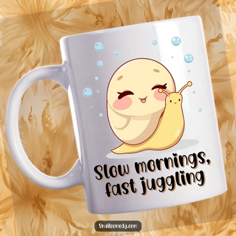 Funny mug showing a snail character winking playfully while expertly juggling tiny, glistening dewdrops with a mischievous smile.