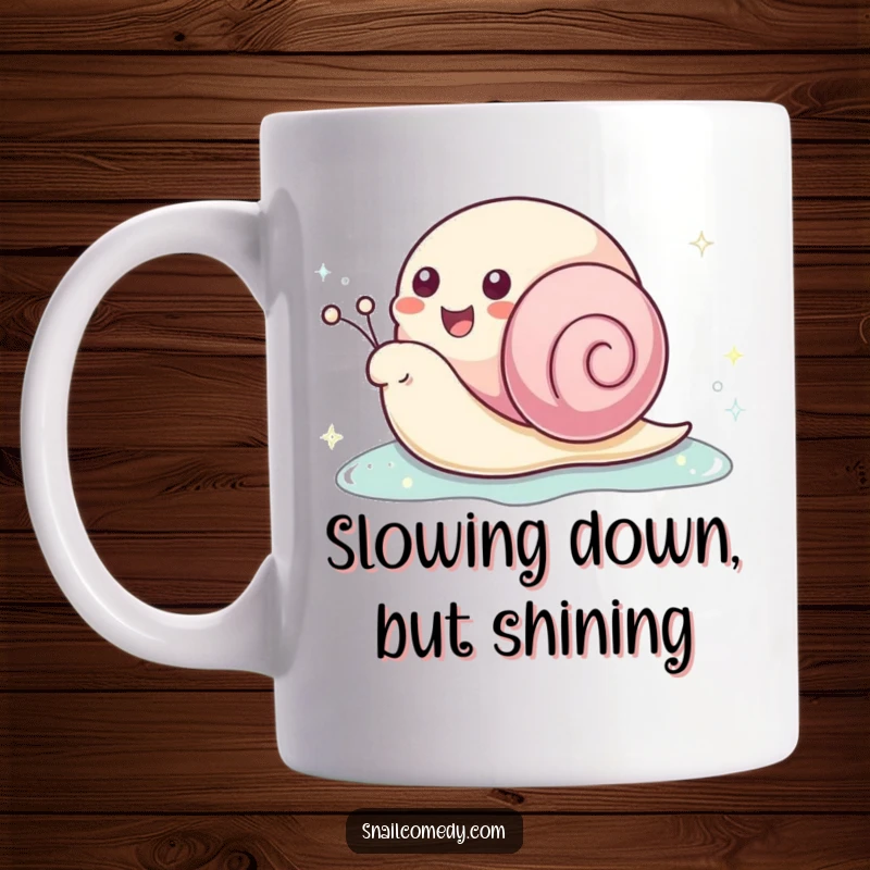 Funny kawaii snail mug with a cheerful snail leaving a sparkling slime trail, showcasing happiness and a touch of magic.