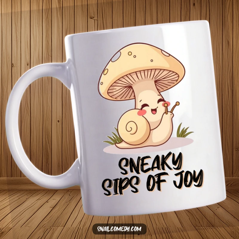 Funny Snail Mug featuring a mischievous snail peeking from under a large mushroom, with a giggling expression.