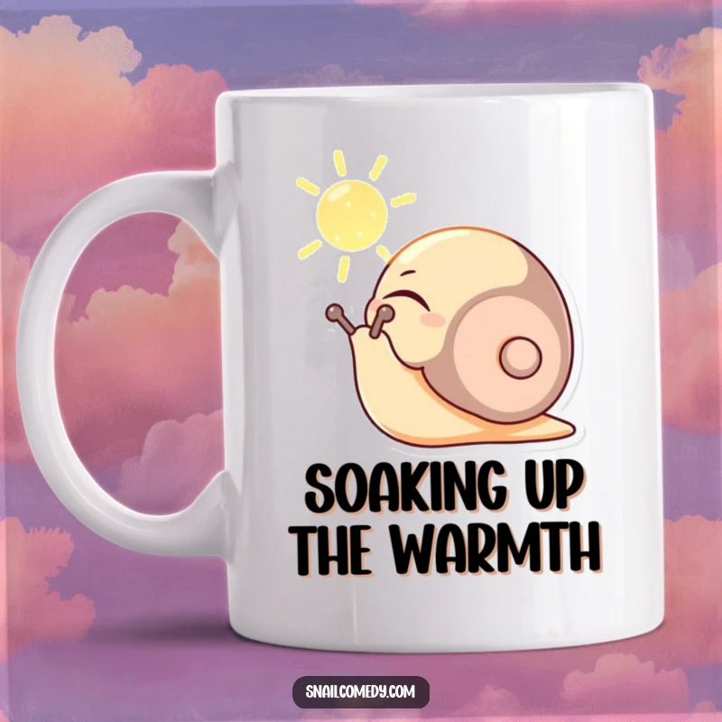 Funny mug depicting a content snail character basking peacefully in a sunbeam, eyes closed in pure bliss.