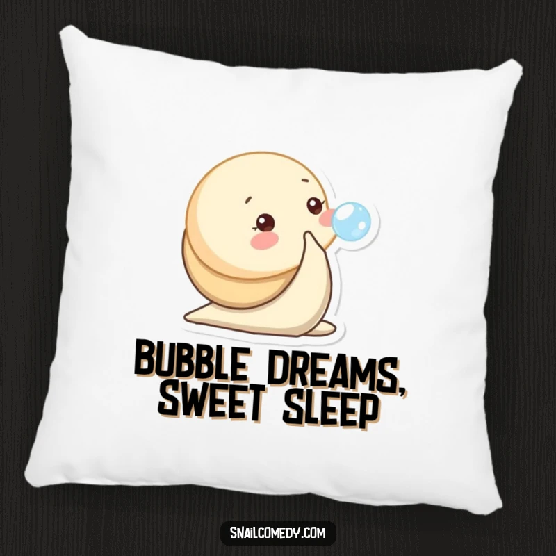 Funny pillow featuring a baby snail character playfully blowing a tiny bubble, perfect for cute cuddles.