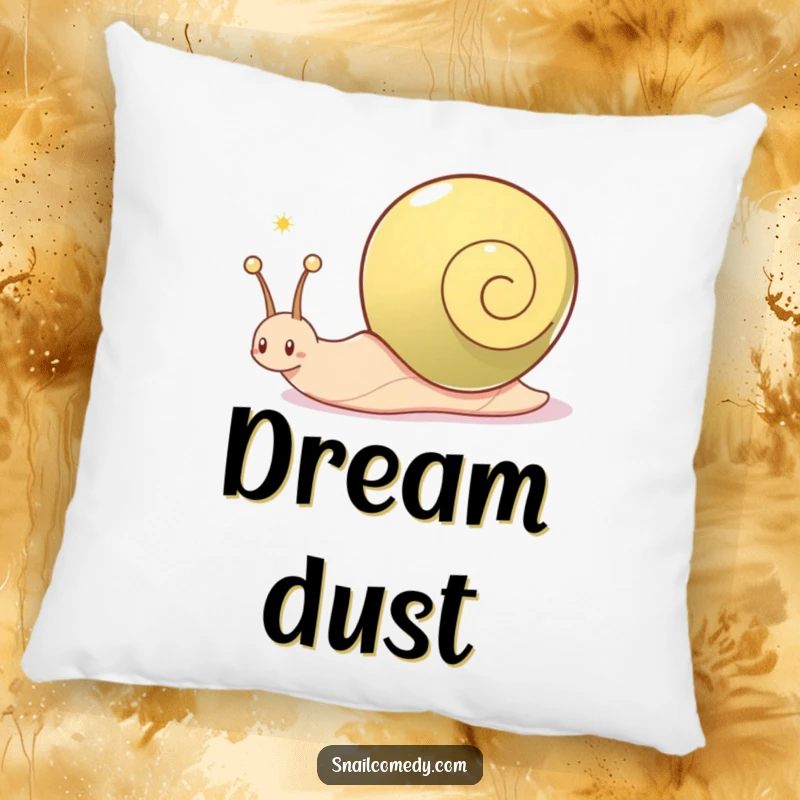Funny snail pillow, a snail character joyfully leaves a shimmering, sparkling trail, perfect for cozy comfort.