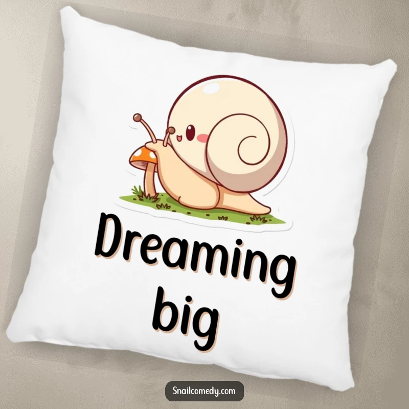Funny snail pillow, a snail character enthusiastically explores a tiny mushroom, perfect for cozy comfort.
