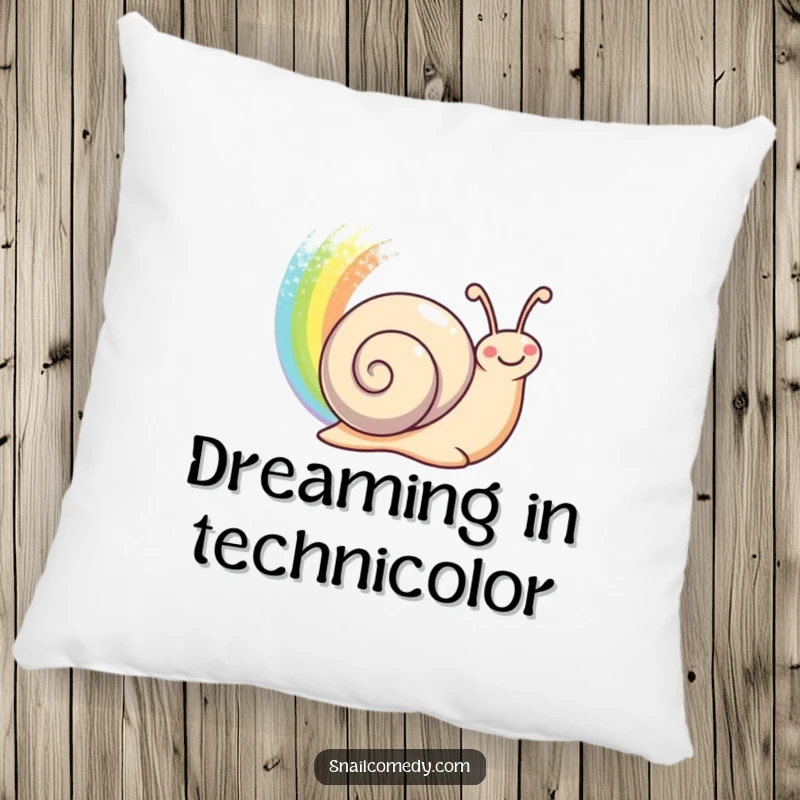Funny happy snail leaving a shimmering rainbow trail behind on a soft pillow, a cozy funny gift.