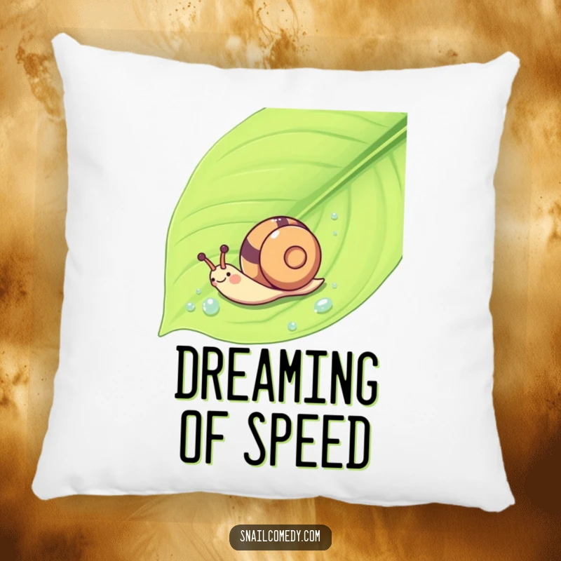 Funny Kawaii snail makes a whoosh down a wet leaf on a soft pillow, offering comfort and humor.