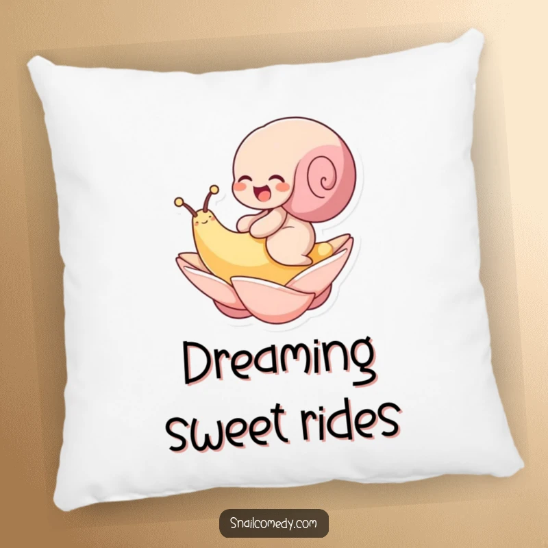 Funny pillow with a snail giggling gleefully while riding a floating petal. Soft, cheerful, and humorous.