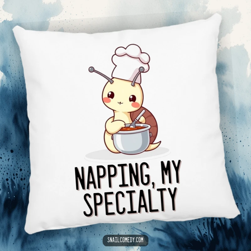 Soft pillow displaying a funny snail in a chef hat stirring soup, adding kitchen humor and comfort, a lovely funny gift.
