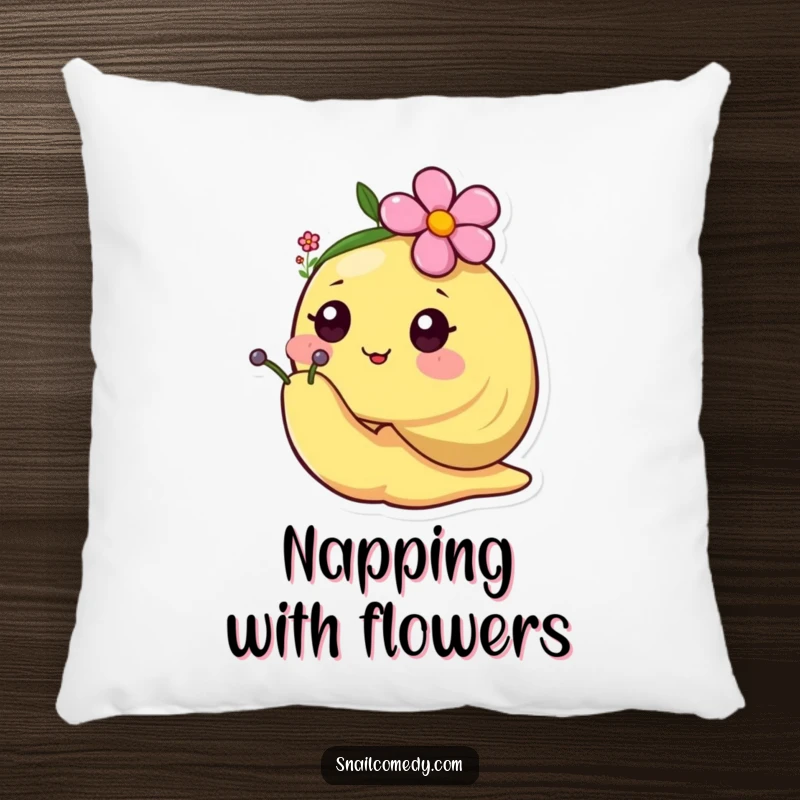 Happy kawaii snail wearing a tiny flower hat on a soft and comfortable pillow.