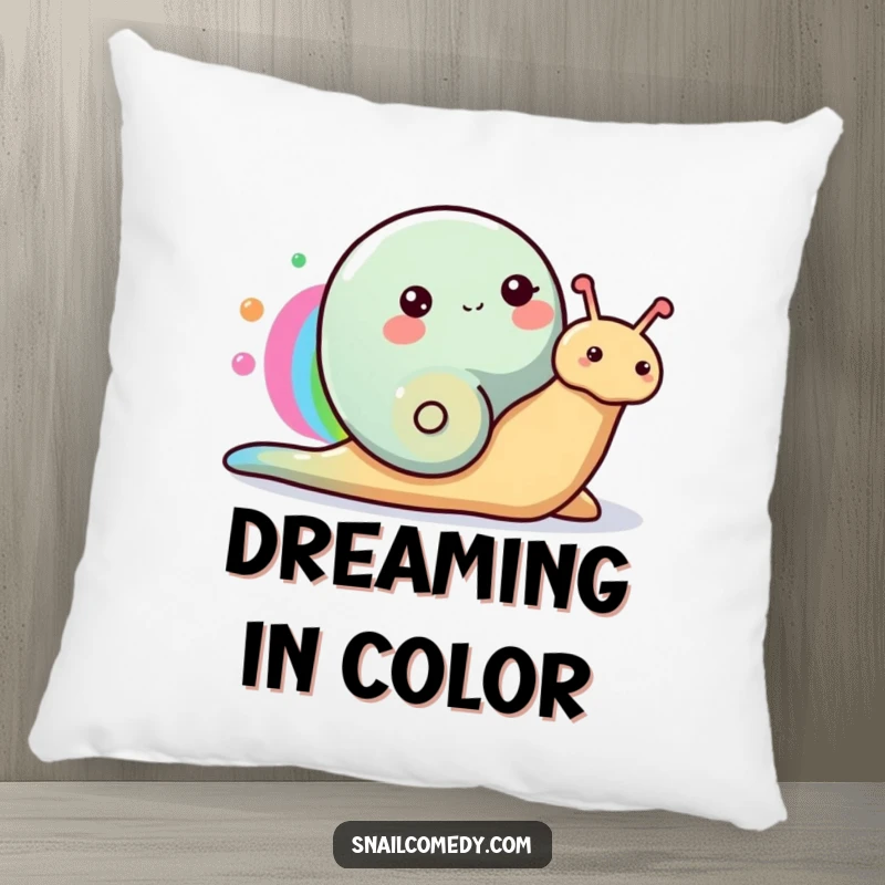 Funny Snail Pillow featuring a happy snail painting a rainbow with its slime trail, perfect for cozy, colorful comfort.