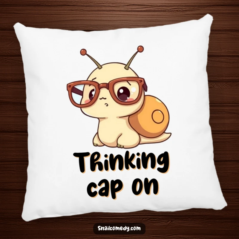 Funny decorative pillow featuring a kawaii snail wearing oversized glasses and a surprised, wide-eyed expression.