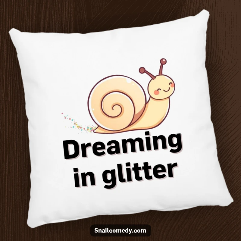 Cute kawaii snail leaving a shimmering glitter trail on a soft and comfortable pillow.