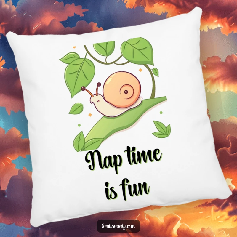 Funny decorative pillow featuring a kawaii snail sliding down a leafy slope with an expression of pure glee.