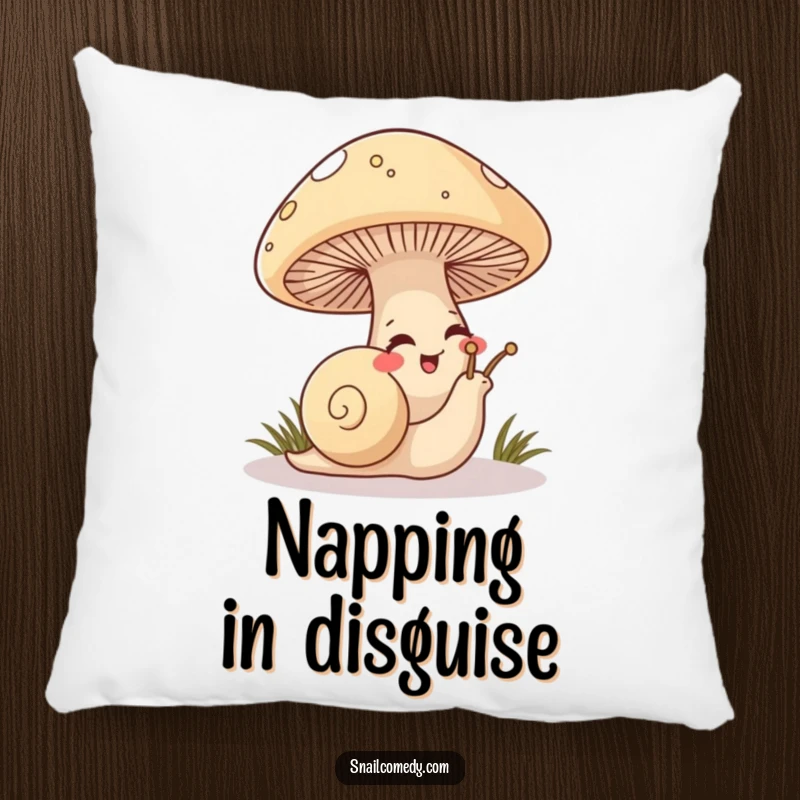Funny Snail Pillow featuring a mischievous snail peeking from under a large mushroom, giggling with a playful look.