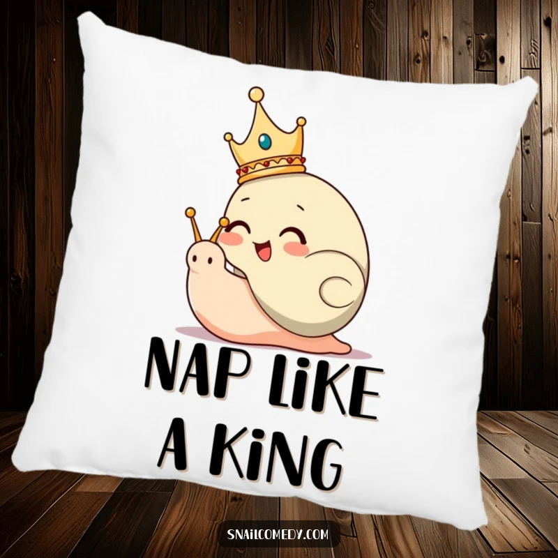 Funny Pillow with a giggling snail character wearing a tiny crown, exuding a sense of royal peace.