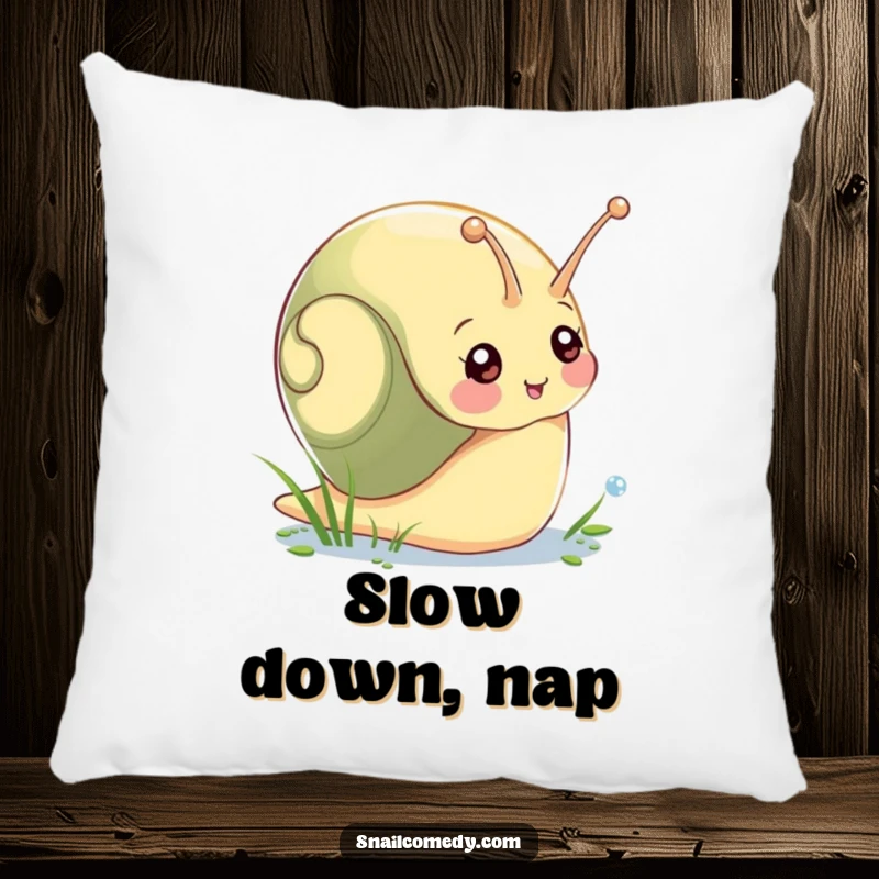 Funny pillow with a smiling snail character extending a tentacle towards a dewdrop, embodying calm and morning serenity.