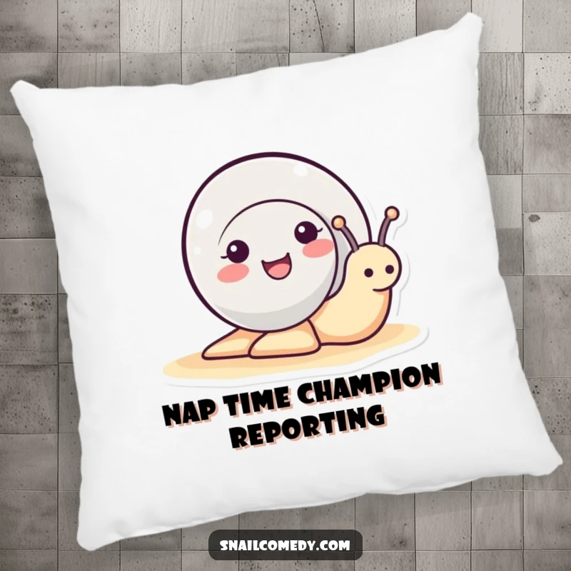 Funny cute snail peeking its head out of its shell, smiling sweetly on a plush pillow, an adorable funny gift.