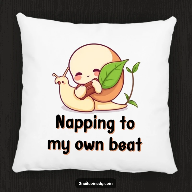 Funny snail pillow featuring a snail playing a leaf instrument, a soft and humorous decorative item.