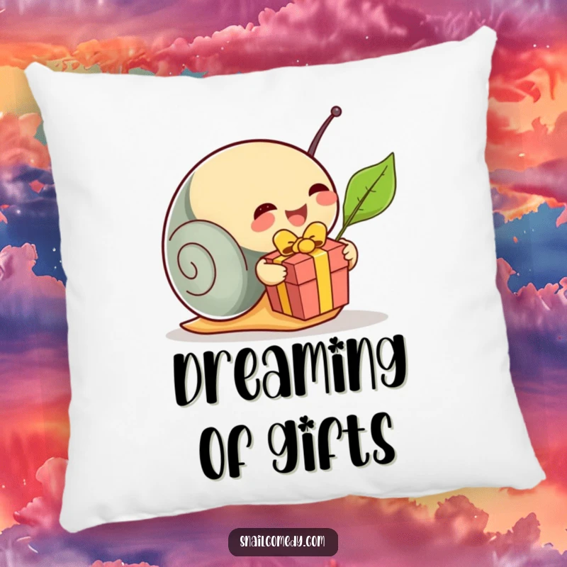 Soft pillow featuring a funny snail unwrapping a leaf present with glee, adding festive humor and comfort, a lovely funny gift.