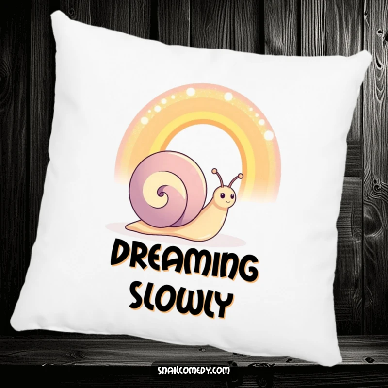 Funny happy snail character admiring an oversized, shimmering rainbow, plush pillow, perfect for colorful dreams.