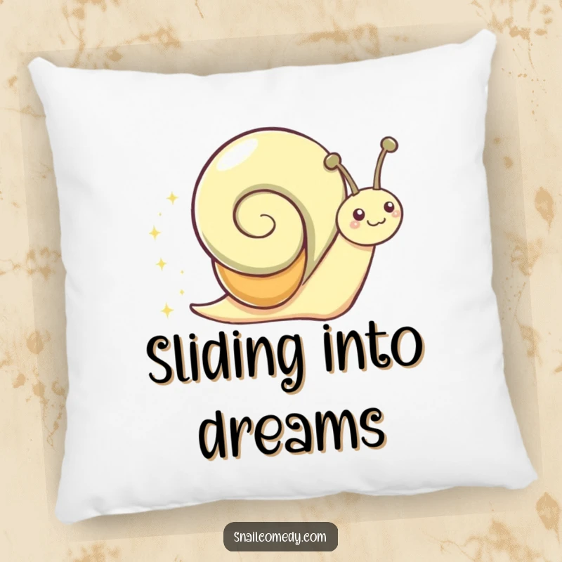 Funny Pillow illustrating a gleeful snail character sliding along, leaving a trail of delightful sparkles.