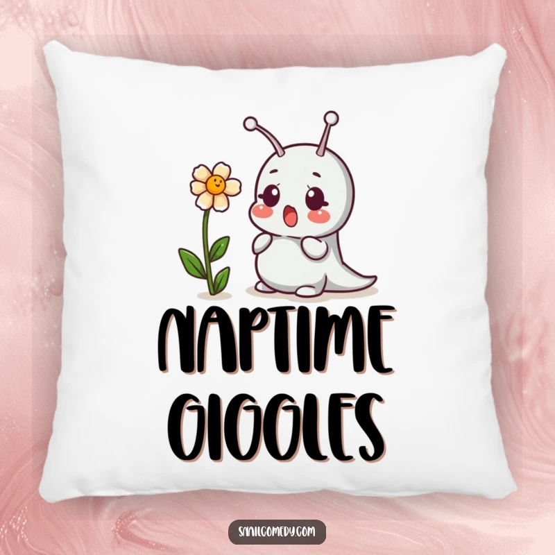 Funny decorative pillow featuring a surprised snail and a giggling flower, offering cozy humor.
