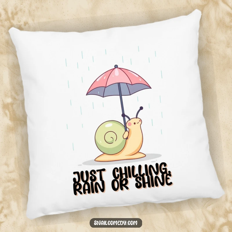 Soft pillow featuring a funny snail holding a tiny umbrella during a rain shower, adding humor and comfort, a lovely funny gift.