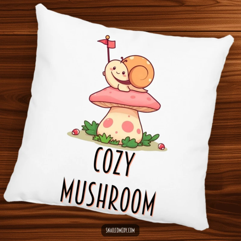 Funny Waving Kawaii Snail Pillow, happily waving a tiny flag from atop a colorful mushroom, providing soft, humorous comfort and cheerful vibes.