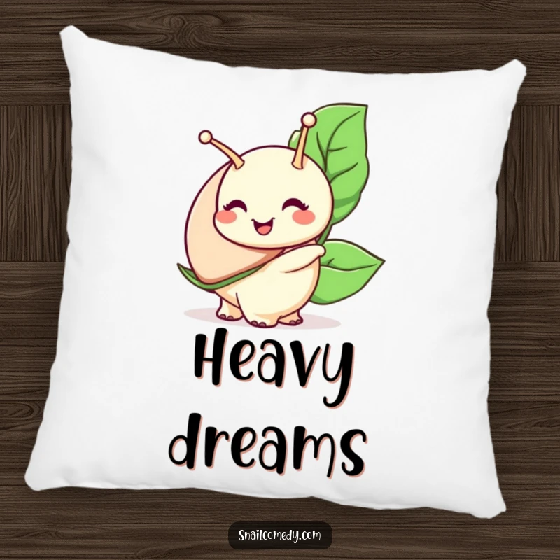 Funny snail pillow, a snail character with a wide smile carries a large leaf, perfect for cozy comfort.